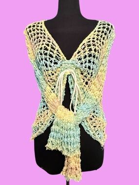 NWT POL Pastel Crochet Tie-Front Cover-Up/Sweater in Yellow, Green, Blue
